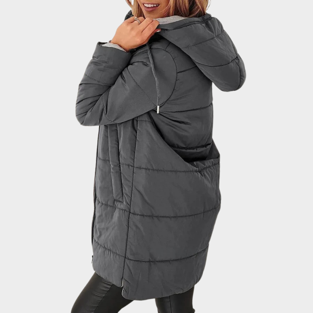 Iride - piumino lungo con cappuccio casual da donna, colore grigio scuro