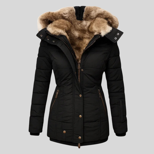 Evelina - parka trapuntato con cappuccio in pelliccia da donna, colore nero