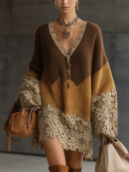 Brunella - mini Abito in Maglia Sfumata con Pizzo da donna, colore marrone sfumato