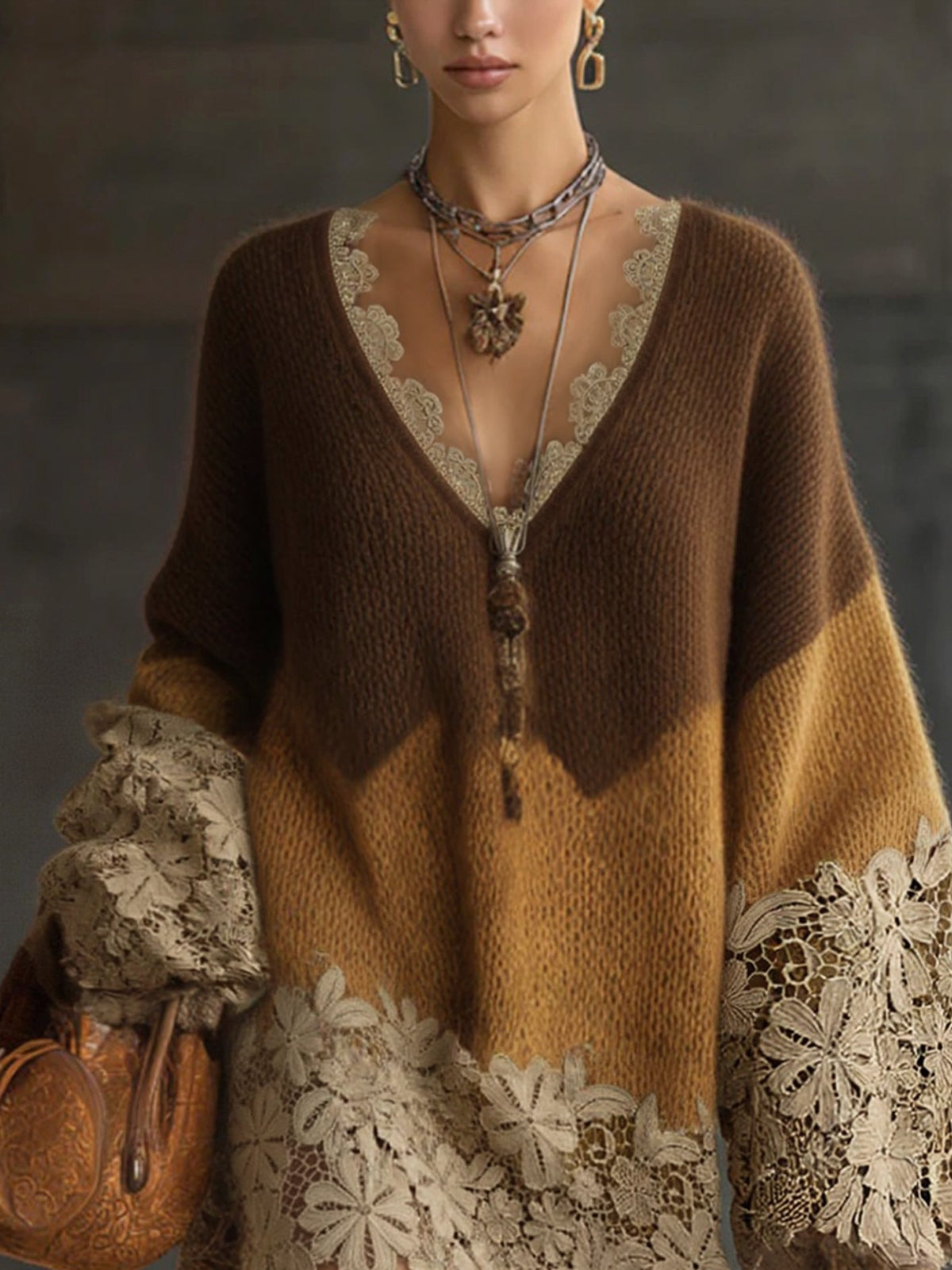 Brunella - mini Abito in Maglia Sfumata con Pizzo da donna, colore marrone sfumato, vista 3