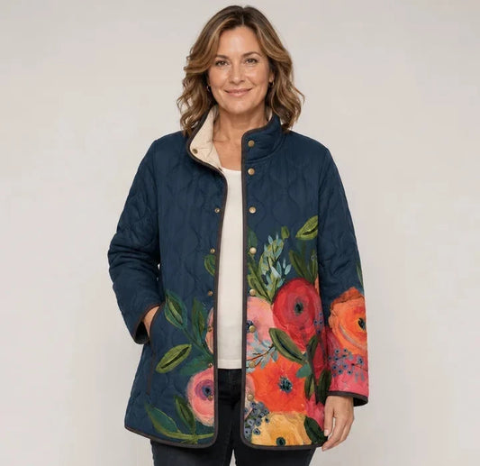 Cinzia | Giacca Trapuntata Blu Notte con Papaveri - Nora Valtieri