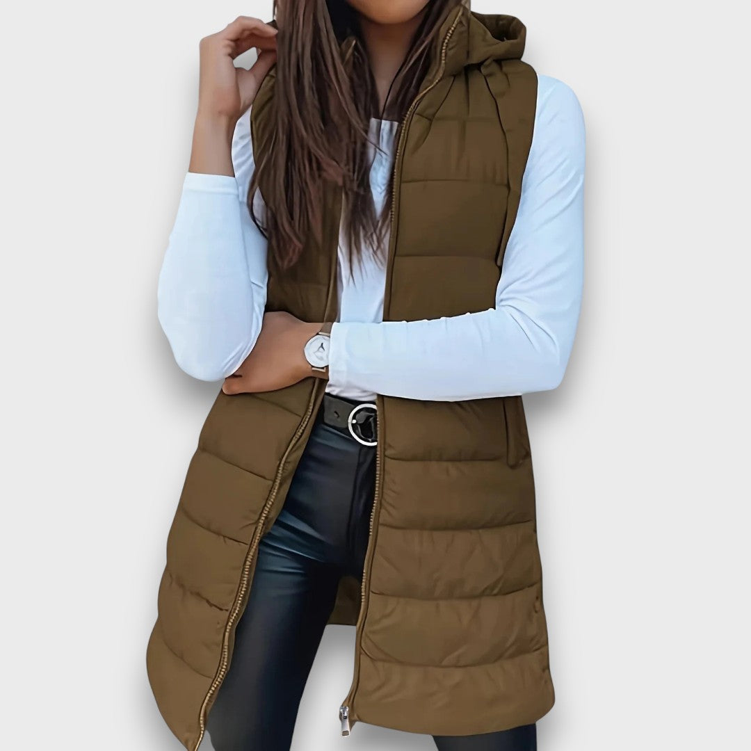 Graziana - gilet trapuntato con cappuccio da donna, colore cachi