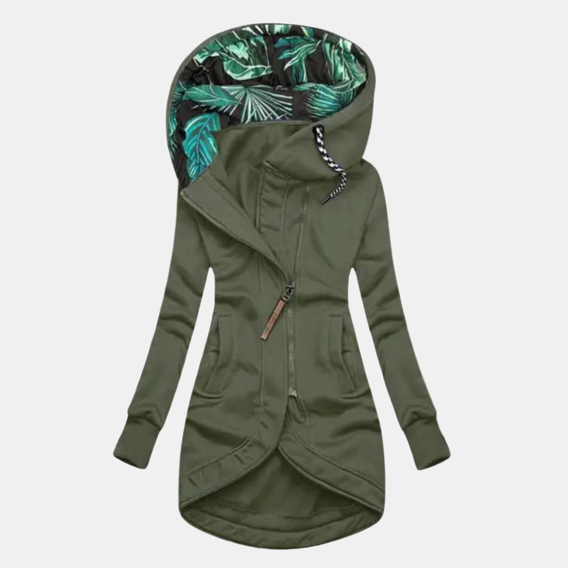 Ludmilla - giacca impermeabile asimmetrica con cappuccio da donna, colore verde