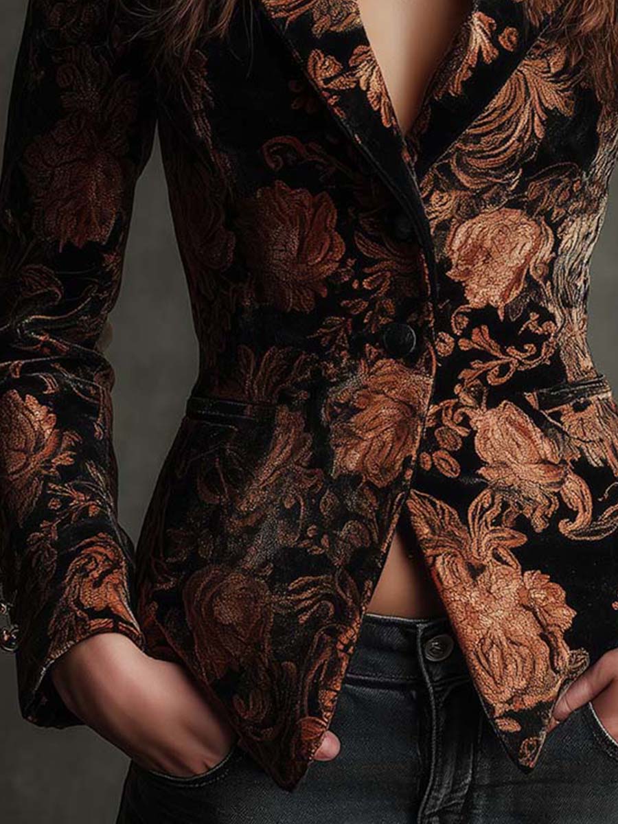 Fabrizia | Blazer Sciancrato a Fiori Nero e Bronzo - Nora Valtieri