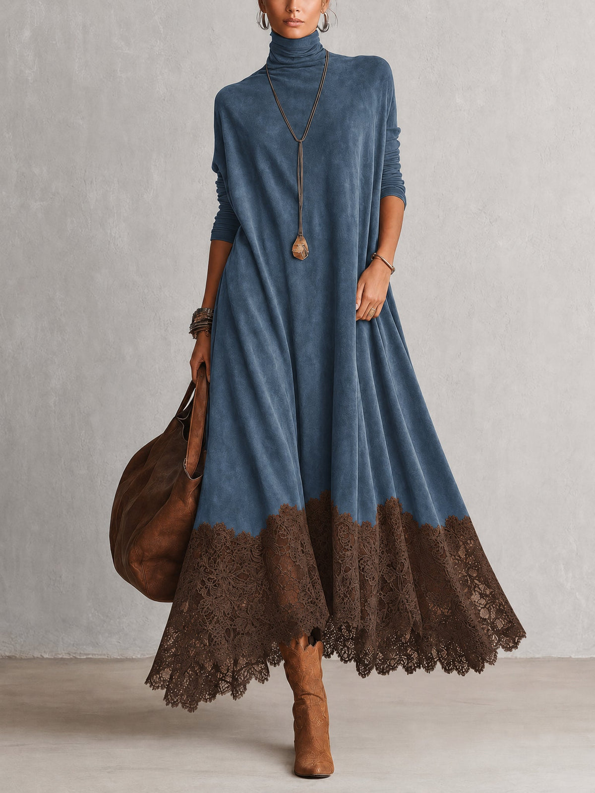 Eufemia - abito Lungo Scamosciato con Orlo in Pizzo da donna, colore blu