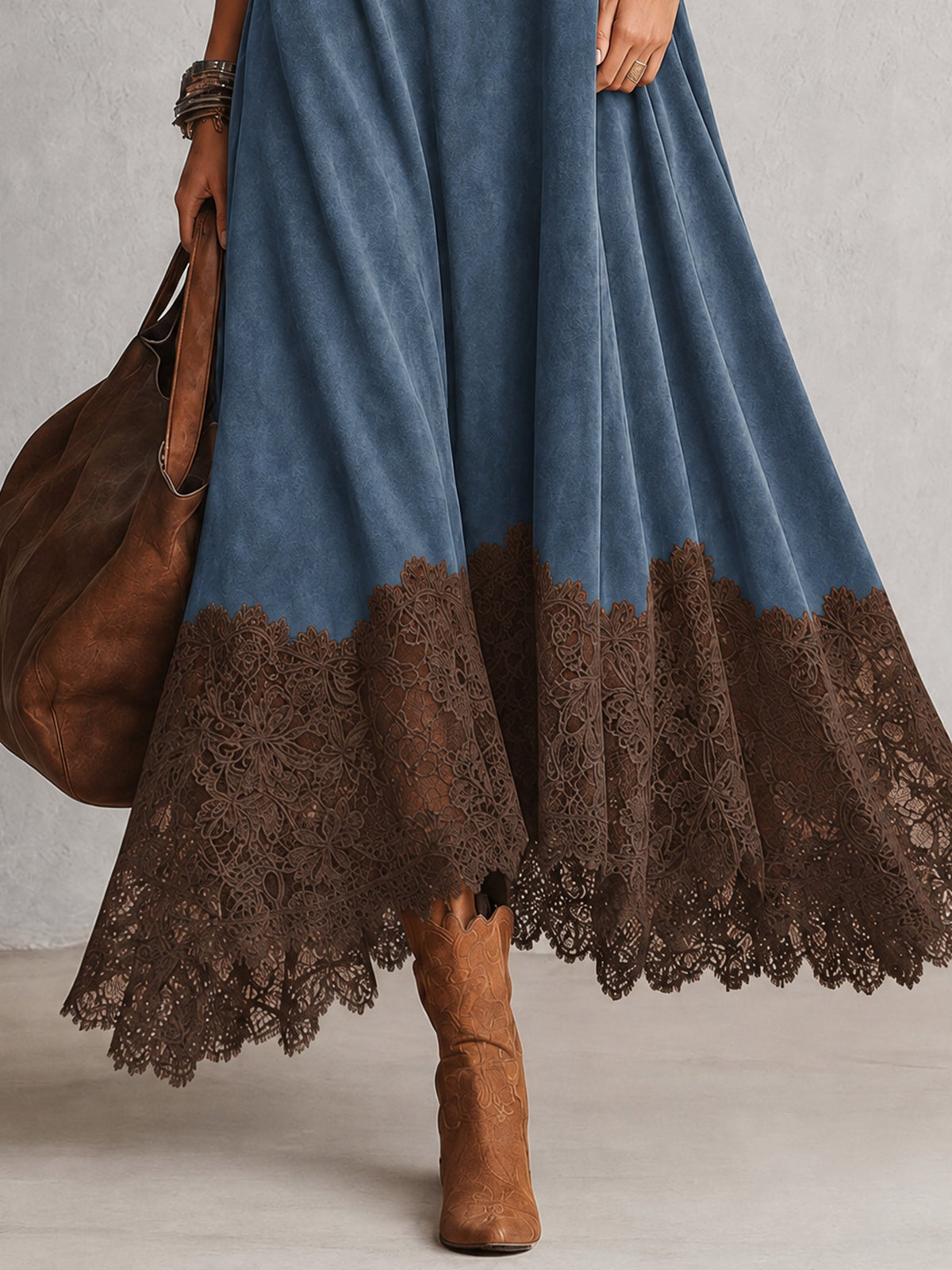 Eufemia - abito Lungo Scamosciato con Orlo in Pizzo da donna, colore blu, vista 3