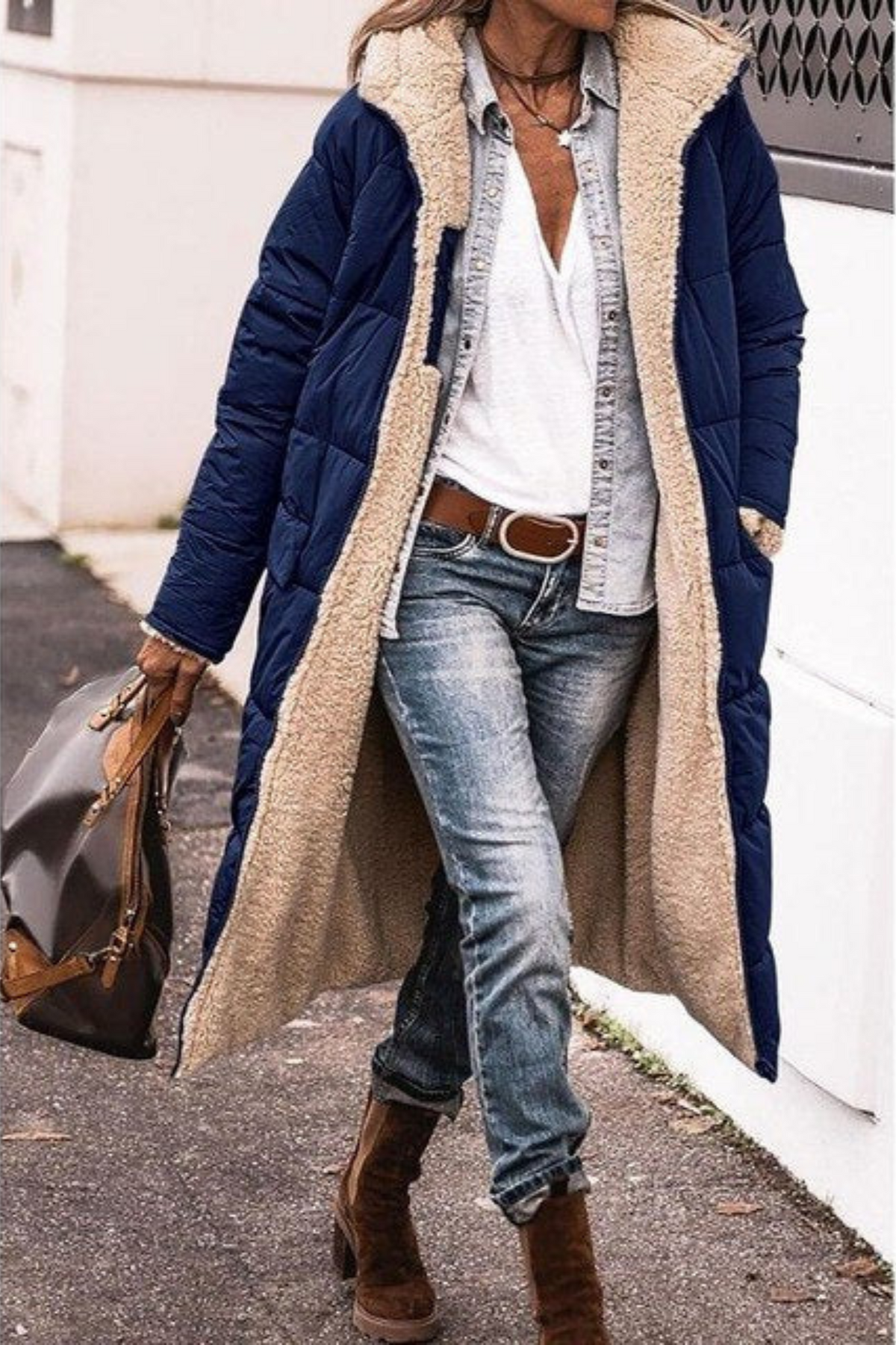 Marcellina - cappotto reversibile con cappuccio da donna, colore blu navy