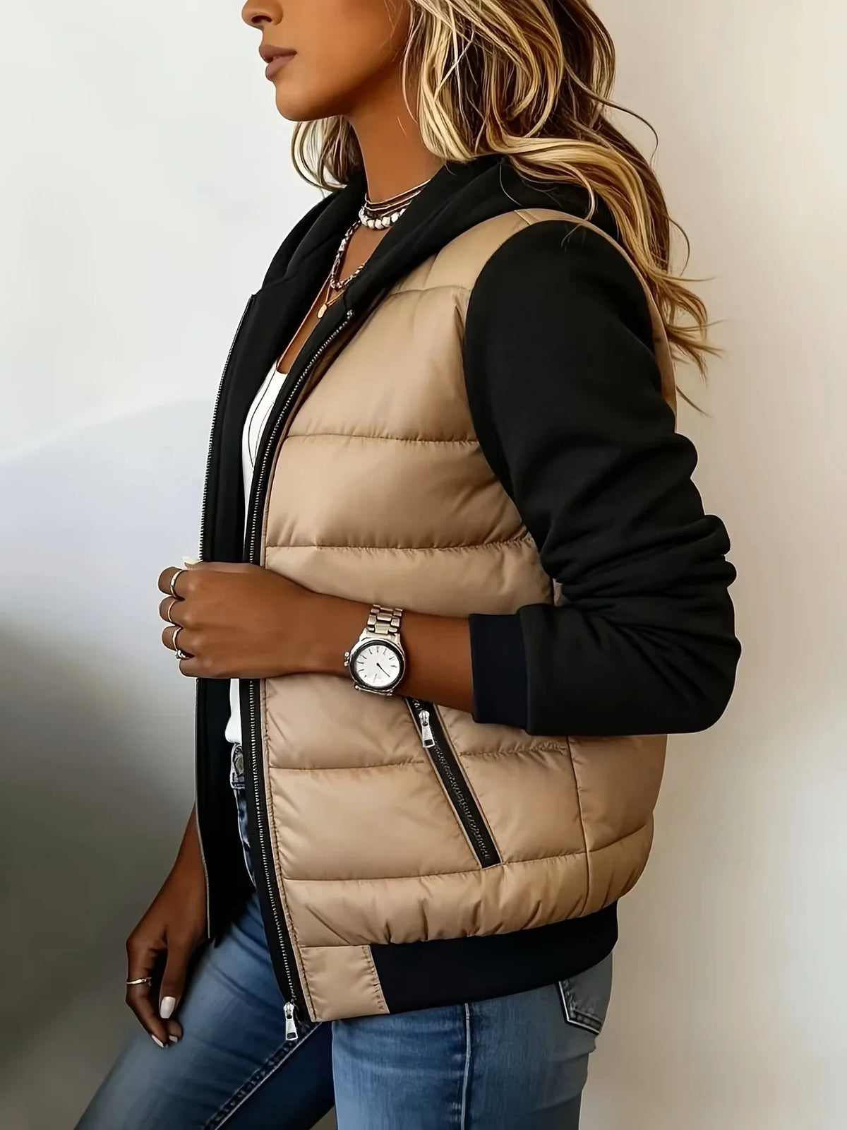 Adalgisa - giacca imbottita con cappuccio da donna, colore cachi, vista 2