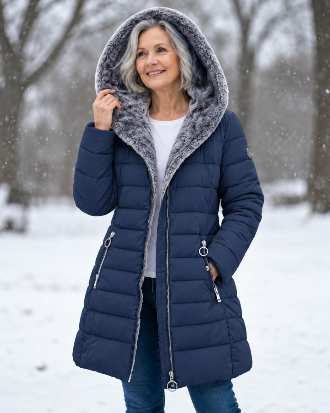 Wilma - piumino avvolgente con cappuccio da donna, colore blu navy