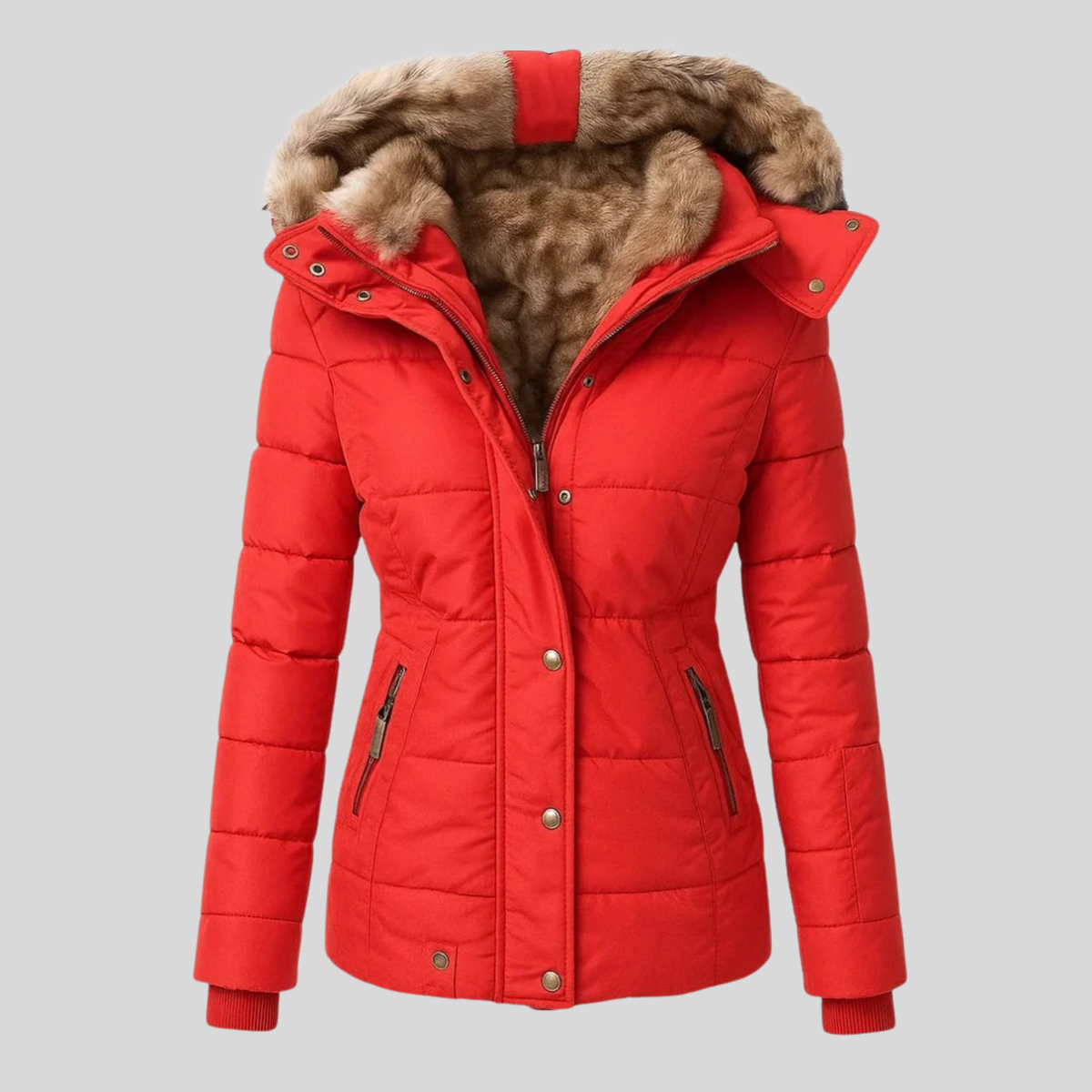 Evelina - parka trapuntato con cappuccio in pelliccia da donna, colore rosso