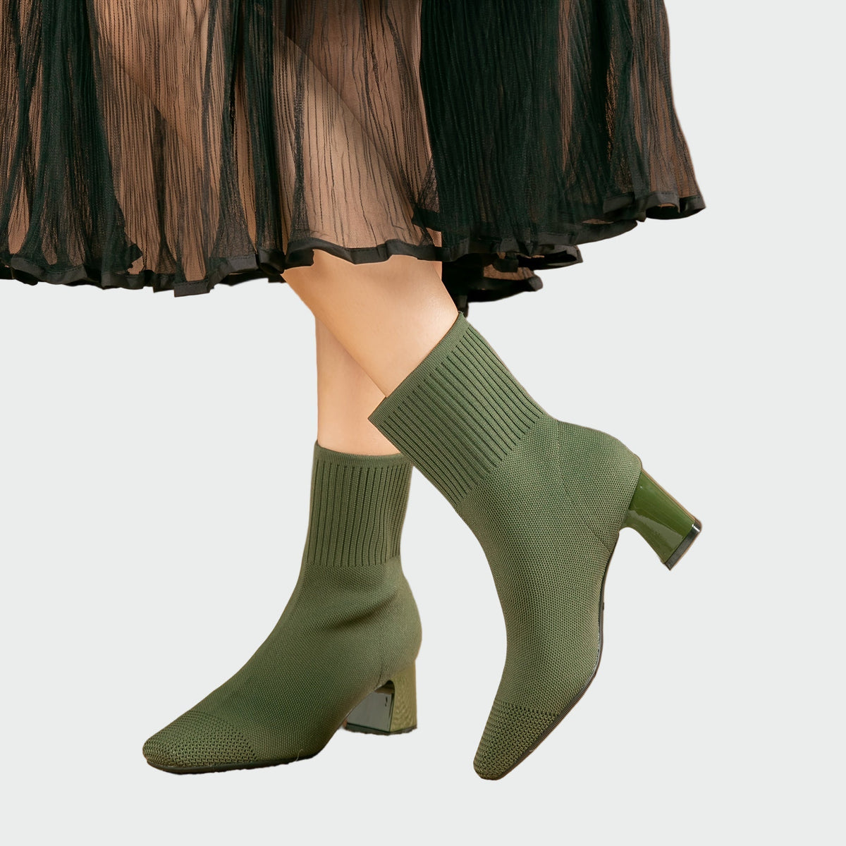 Mina - Stivaletti in Maglia con Tacco Quadrato Verde