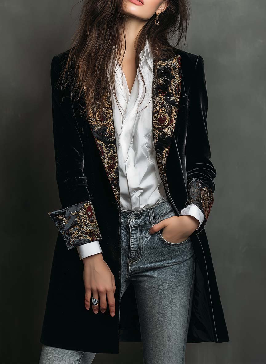 Clarissa | Blazer Lungo in Velluto con Ricami Barocchi - Nora Valtieri