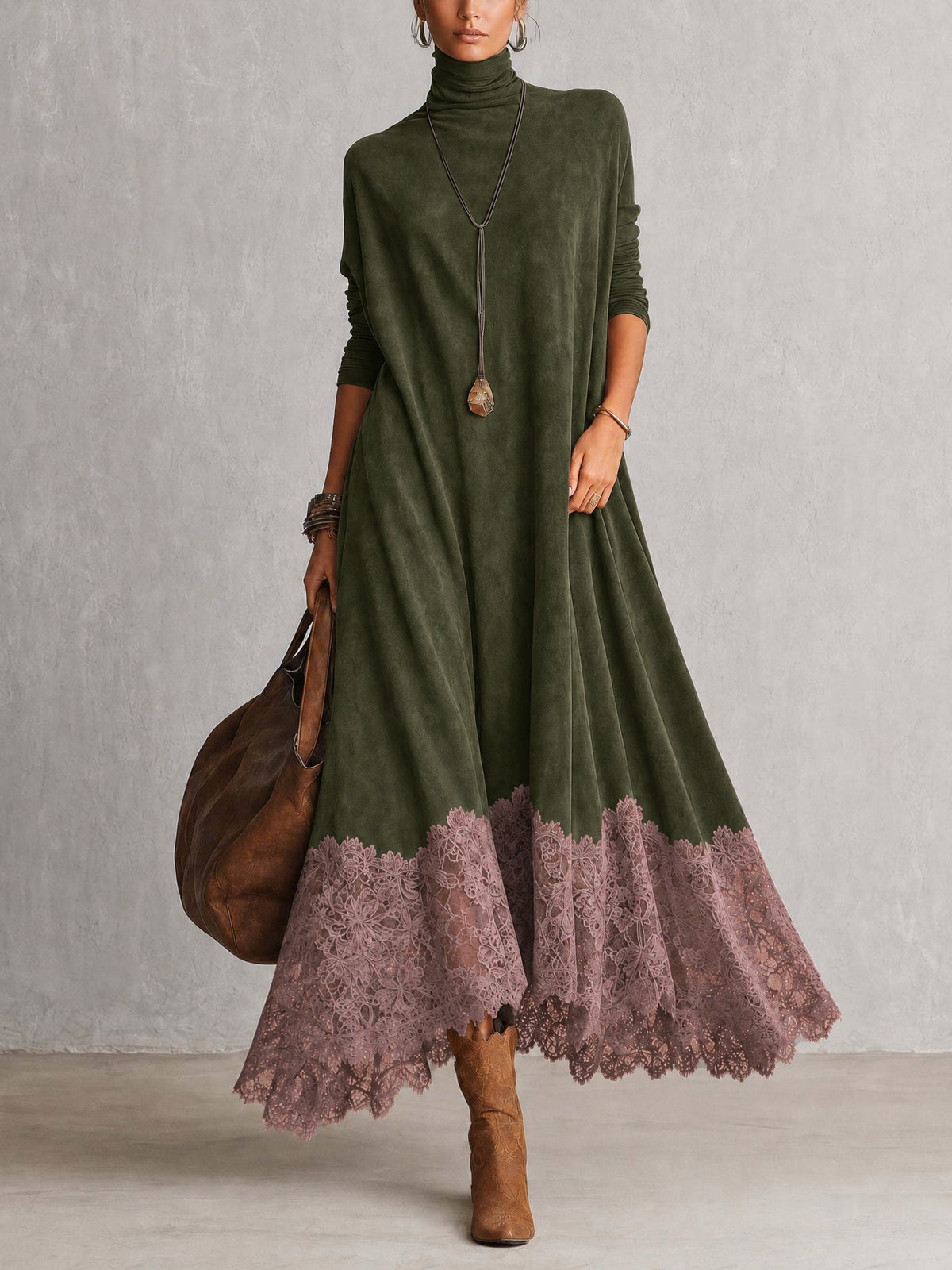 Eufemia - abito Lungo Scamosciato con Orlo in Pizzo da donna, colore verde