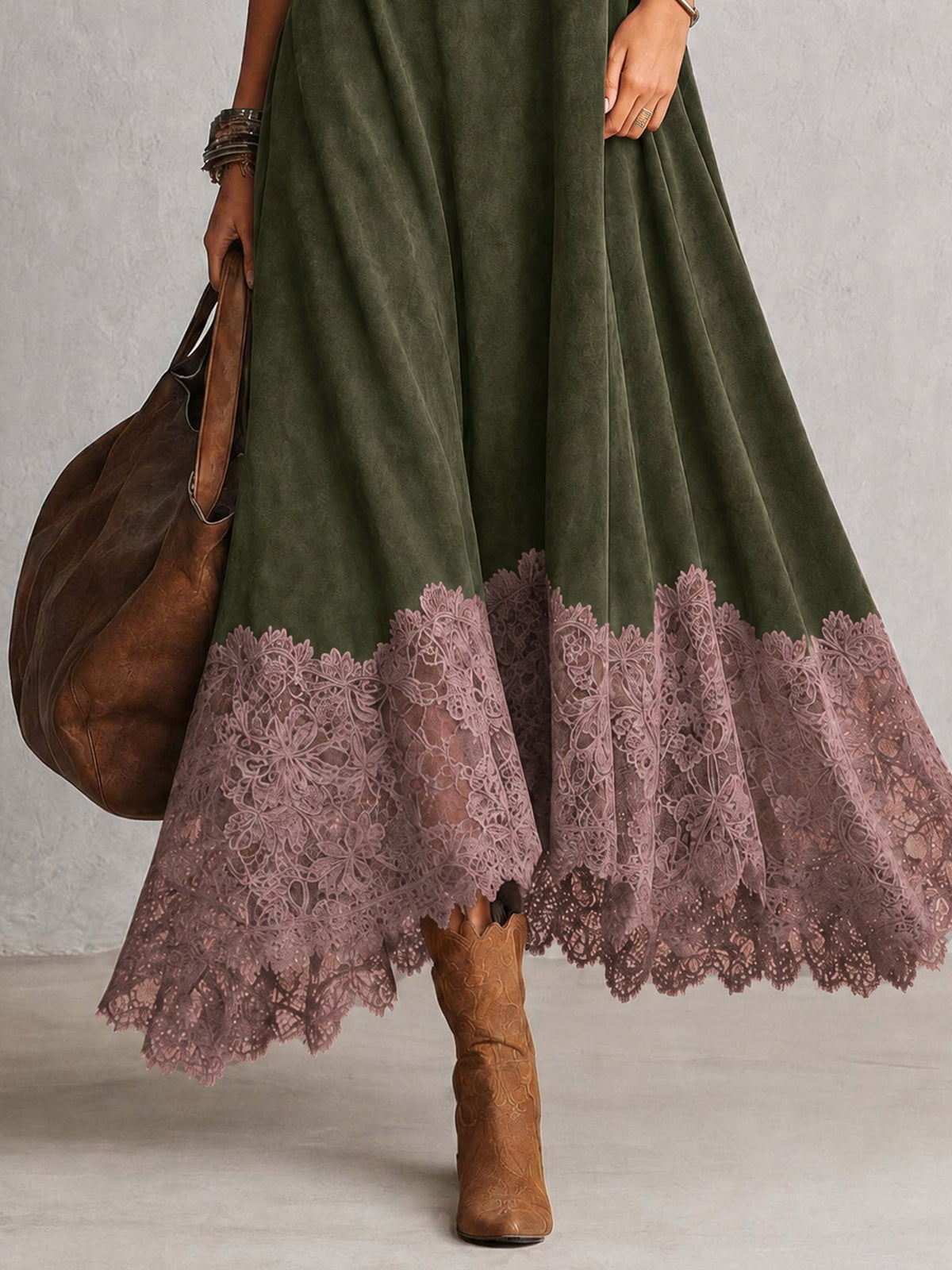 Eufemia - abito Lungo Scamosciato con Orlo in Pizzo da donna, colore verde, vista 3