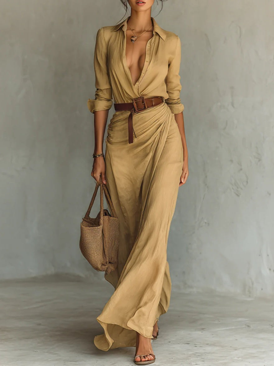 Melania - abito lungo chemisier con cintura da donna, colore beige