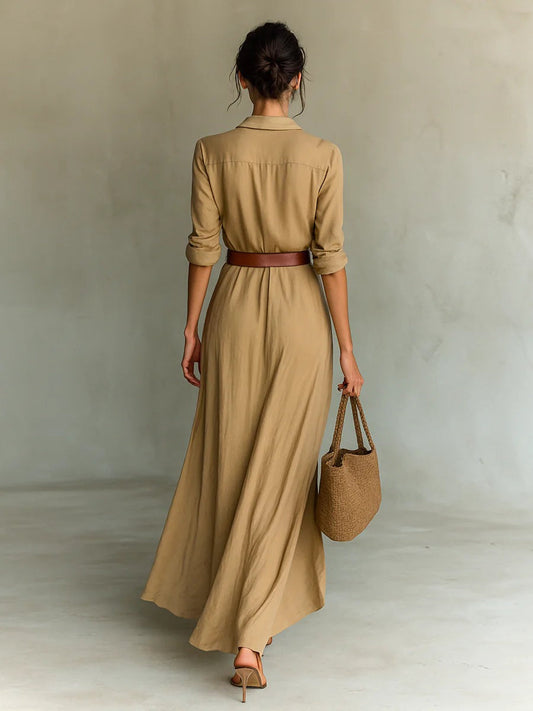 Melania - abito lungo chemisier con cintura da donna, colore beige, vista 2