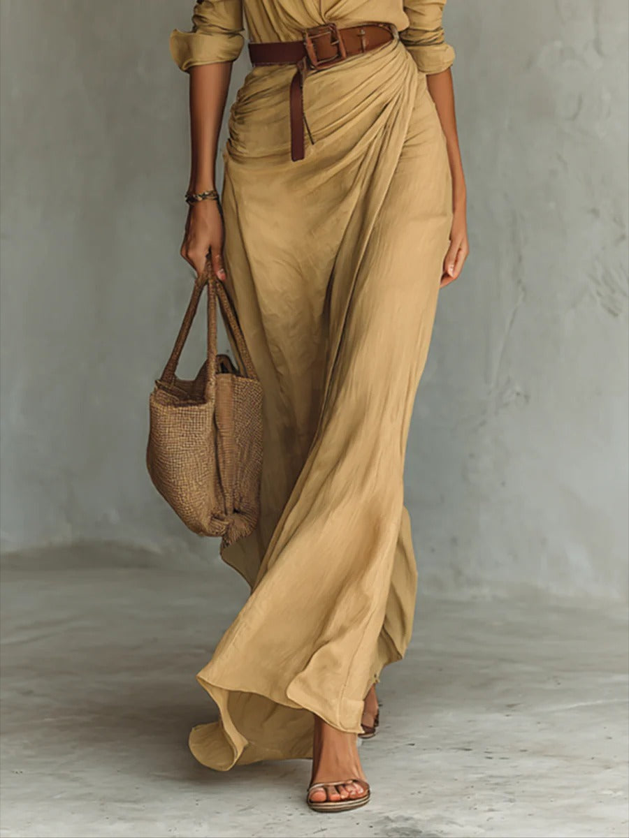 Melania - abito lungo chemisier con cintura da donna, colore beige, vista 3