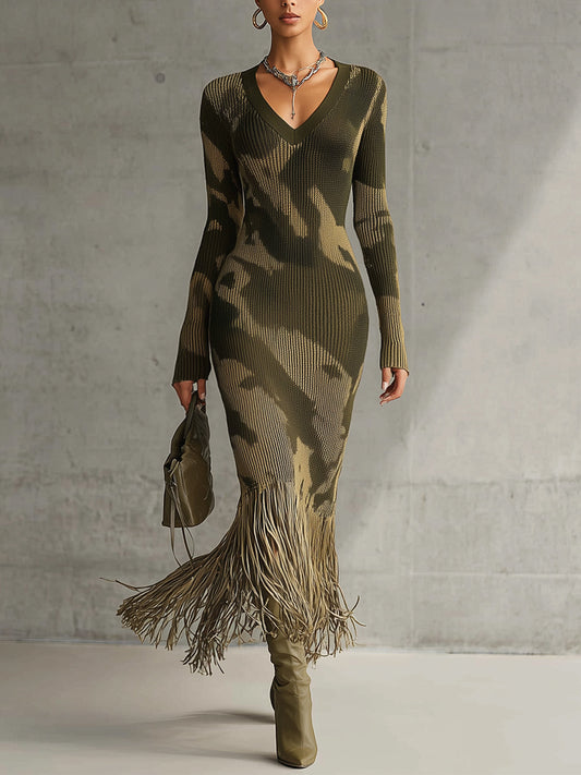 Mirta - abito Lungo in Maglia Mimetica con Frange da donna, colore verde oliva