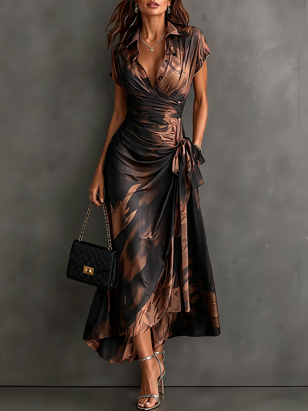 Teodolinda - abito midi a portafoglio con colletto da donna, colore marrone