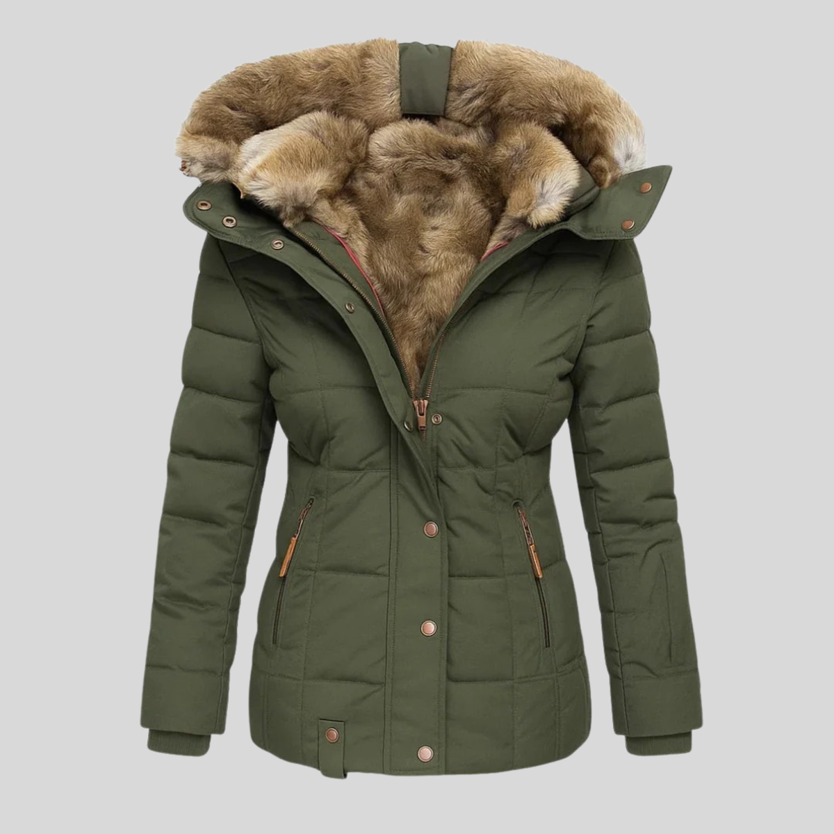 Evelina - parka trapuntato con cappuccio in pelliccia da donna, colore verde