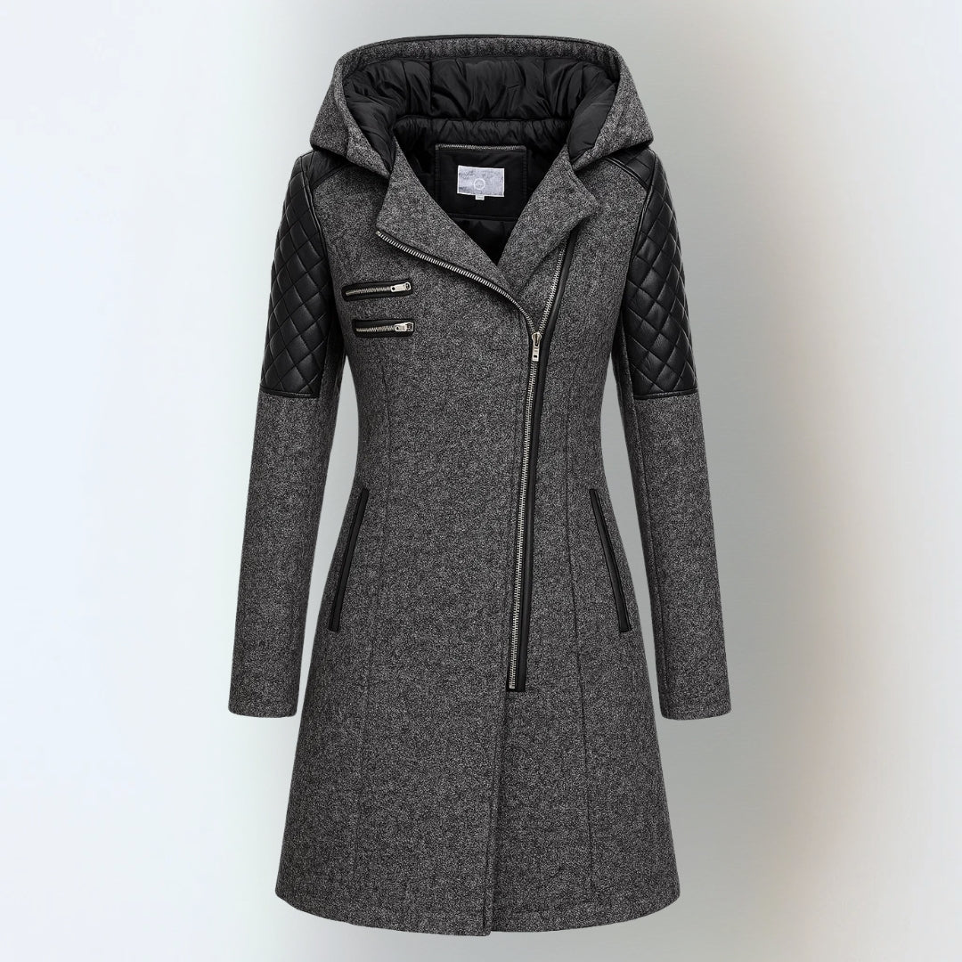 Cesarina - cappotto con zip asimmetrica e cappuccio da donna, colore grigio scuro
