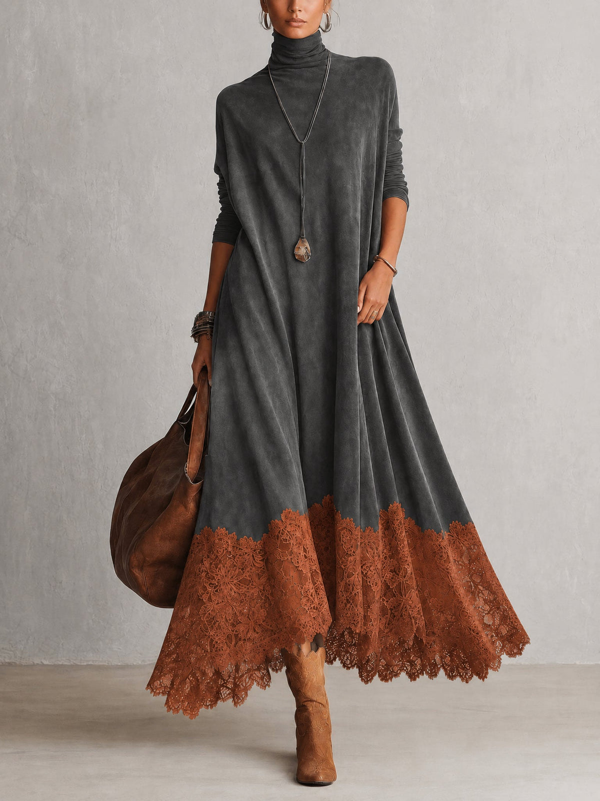 Eufemia - abito Lungo Scamosciato con Orlo in Pizzo da donna, colore grigio