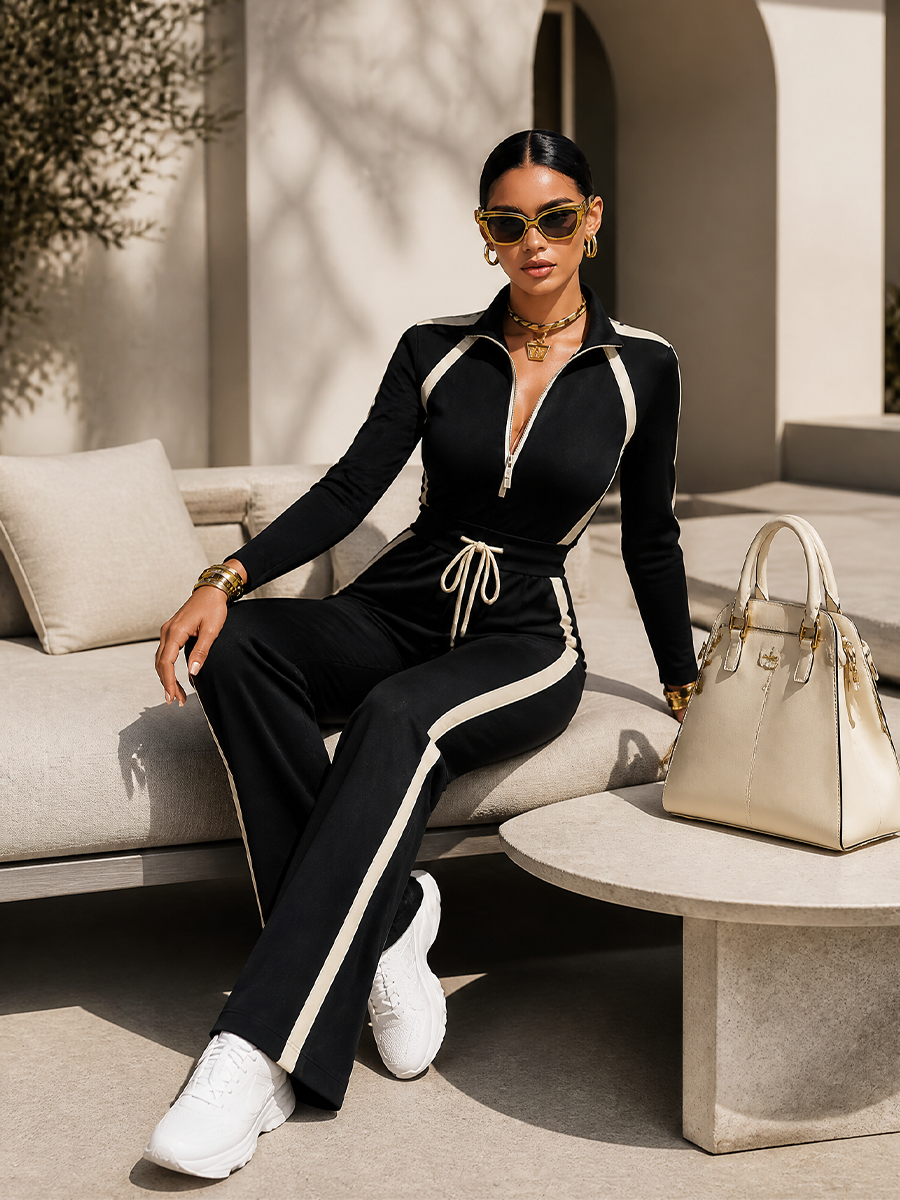 Monica | Tuta Sportiva Nera a Righe