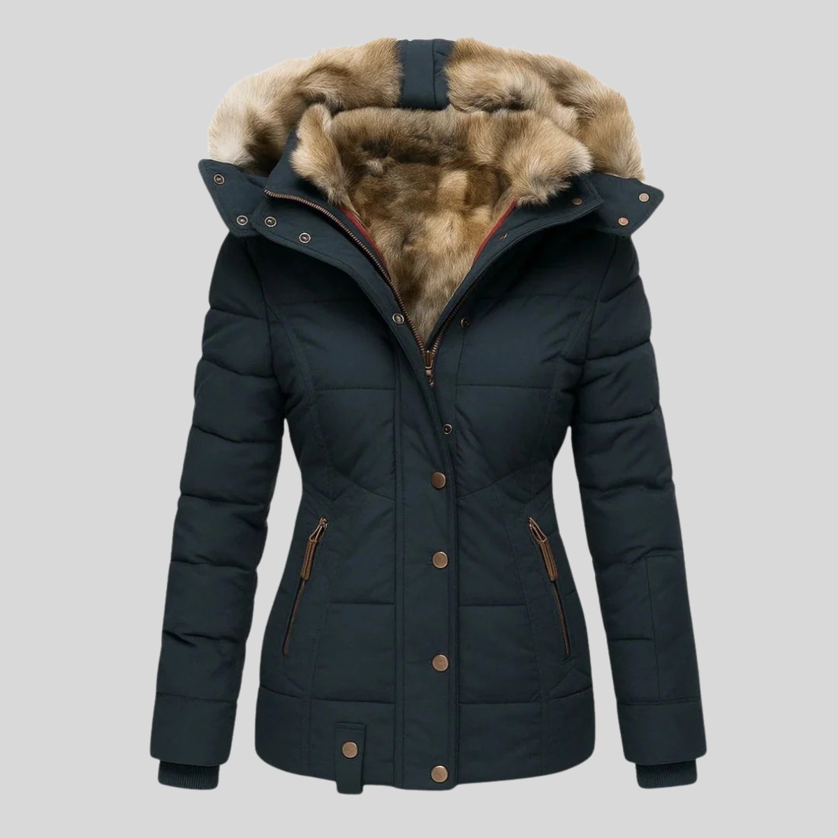 Evelina - parka trapuntato con cappuccio in pelliccia da donna, colore blu navy