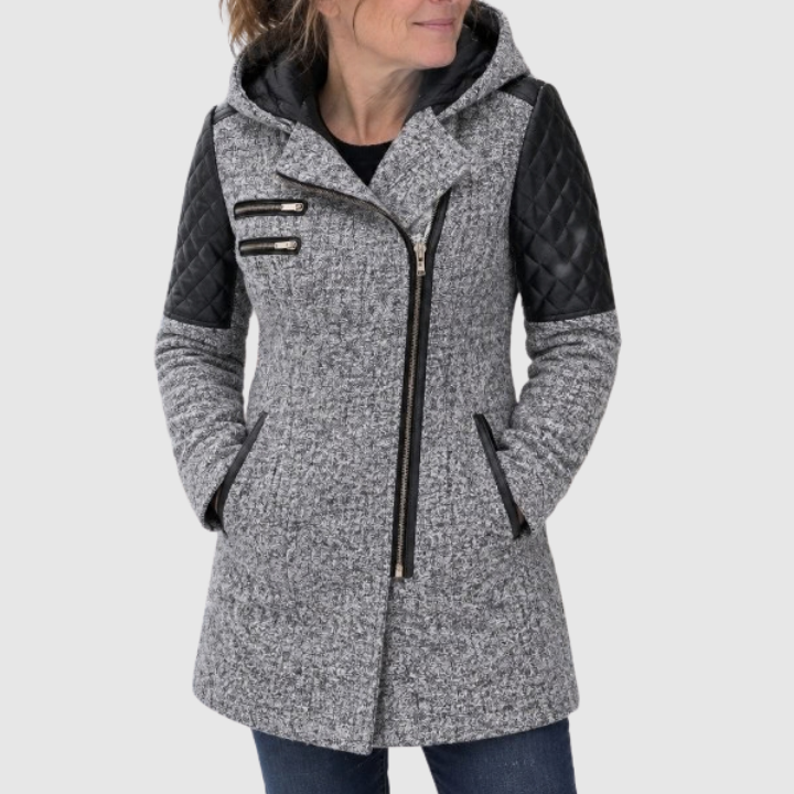 Cesarina - cappotto con zip asimmetrica e cappuccio da donna