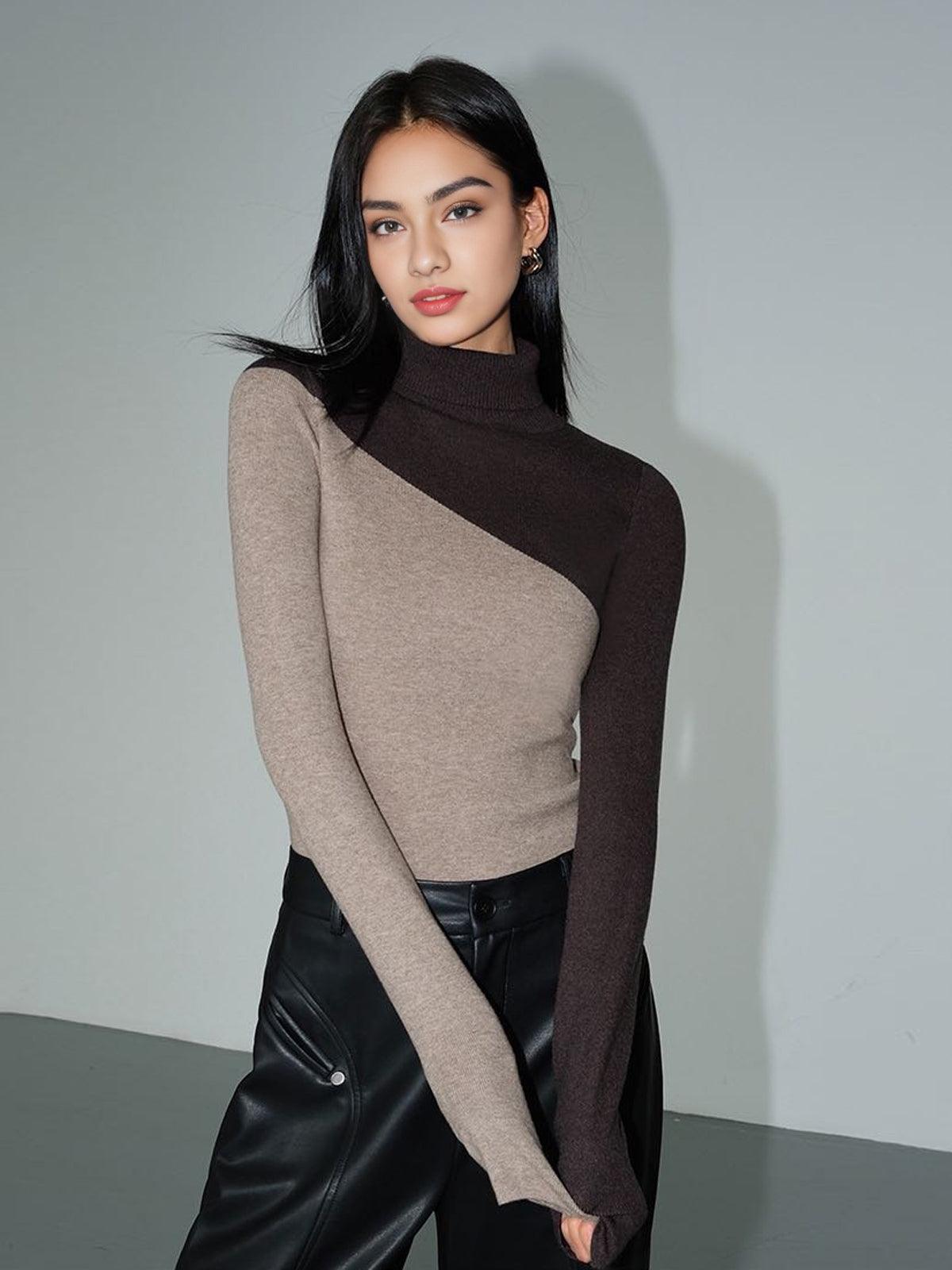 Venera - maglione asimmetrico a collo alto da donna, colore cachi