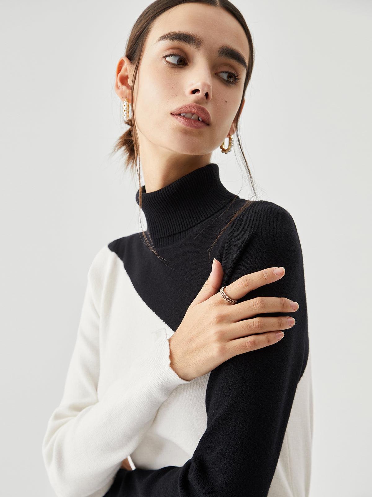 Venera - maglione asimmetrico a collo alto da donna, colore bianco, vista 2