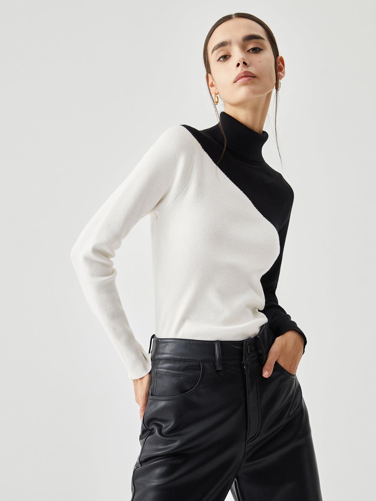 Venera - maglione asimmetrico a collo alto da donna, colore bianco, vista 3
