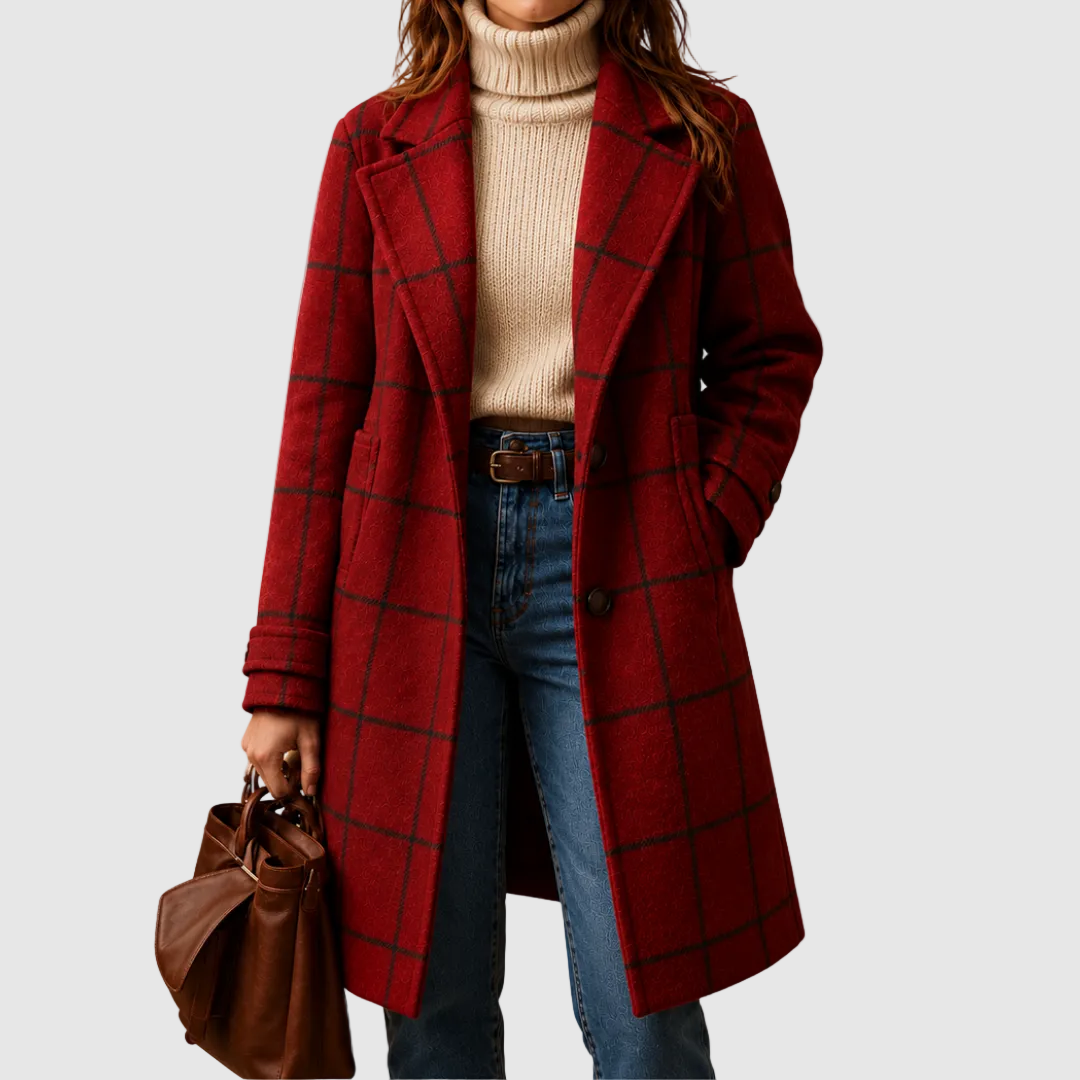 Fiammetta - cappotto classico a quadri da donna, colore rosso