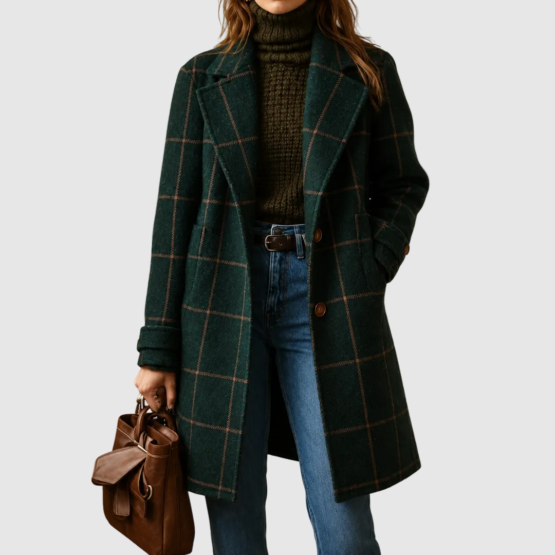 Fiammetta - cappotto classico a quadri da donna, colore verde