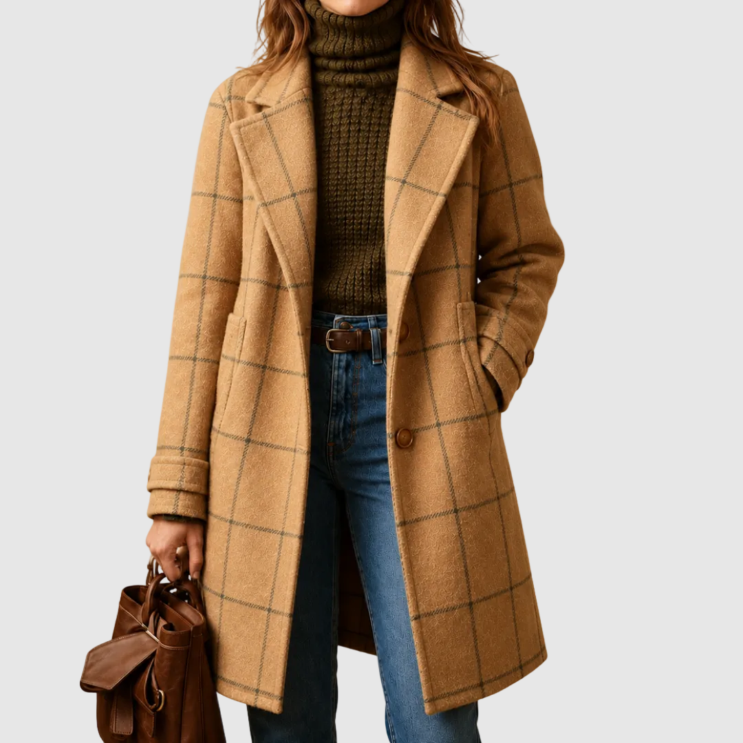 Fiammetta - cappotto classico a quadri da donna, colore cachi