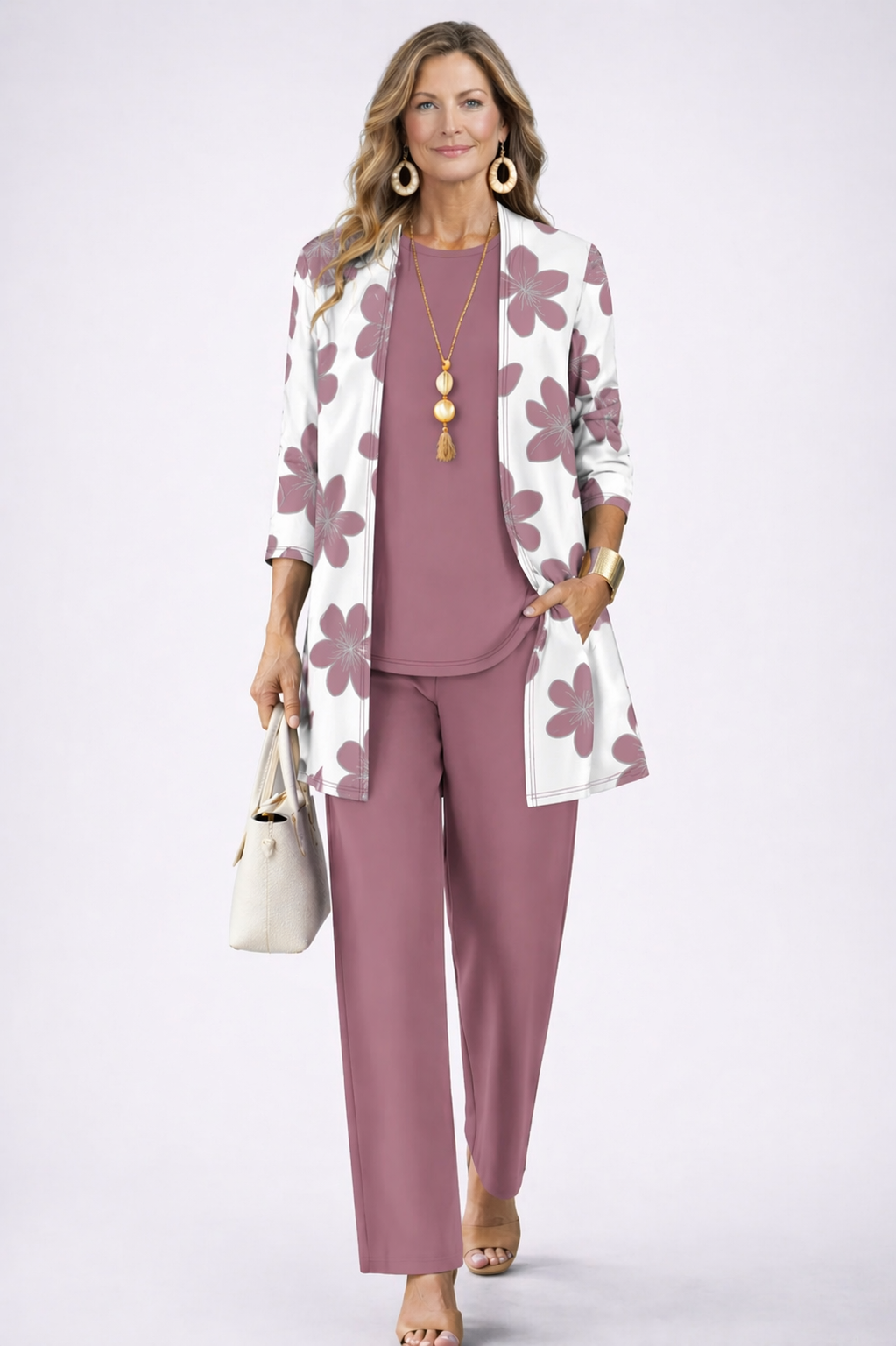 Palmira - Completo tre pezzi con cardigan lungo Rosa Malva