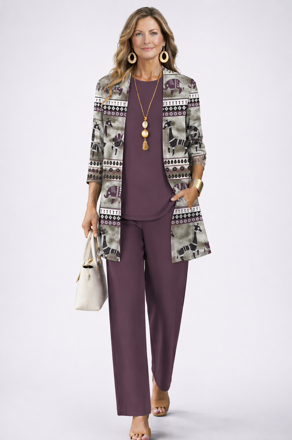 Norma - Completo tre pezzi con cardigan lungo Malva Scuro