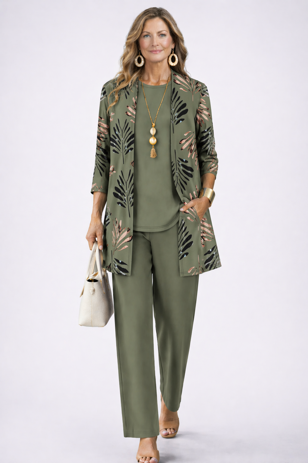 Anastasia - Completo tre pezzi con cardigan lungo Verde Salvia