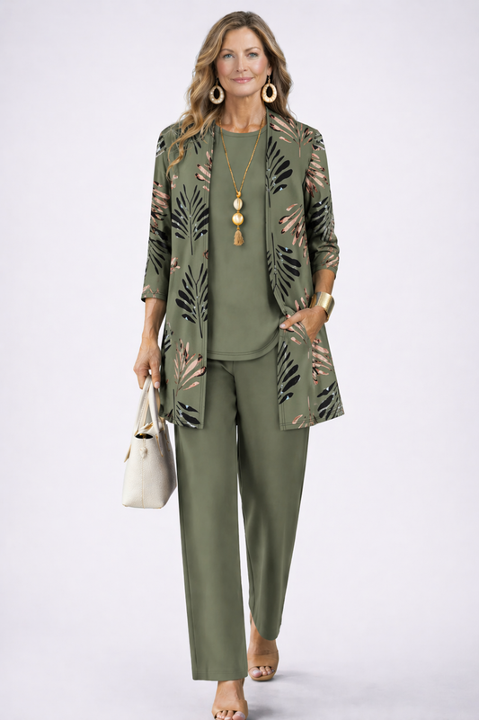 Anastasia - Completo tre pezzi con cardigan lungo Verde Salvia