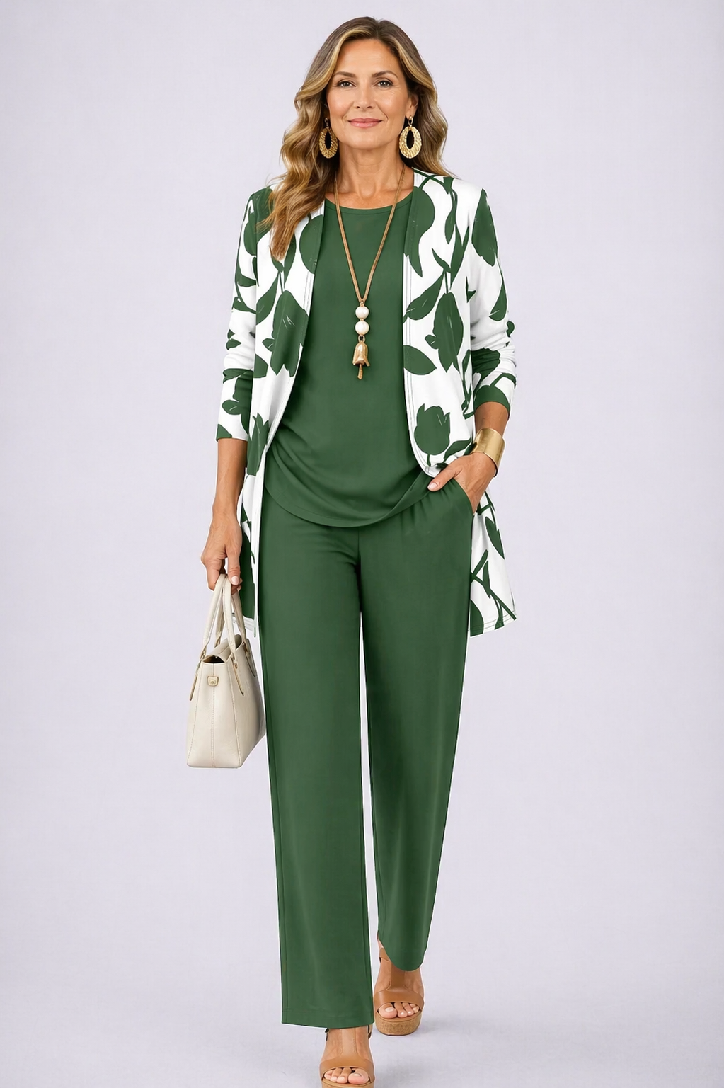 Angelina - Completo tre pezzi con cardigan lungo Verde e Bianco
