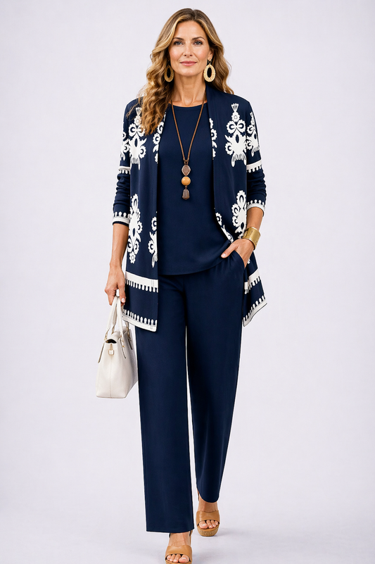 Amelia - Completo tre pezzi con cardigan lungo Blu Notte