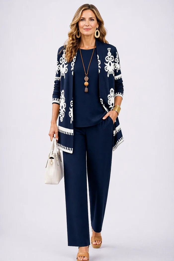 Anastasia - Completo tre pezzi con cardigan lungo Blu Notte