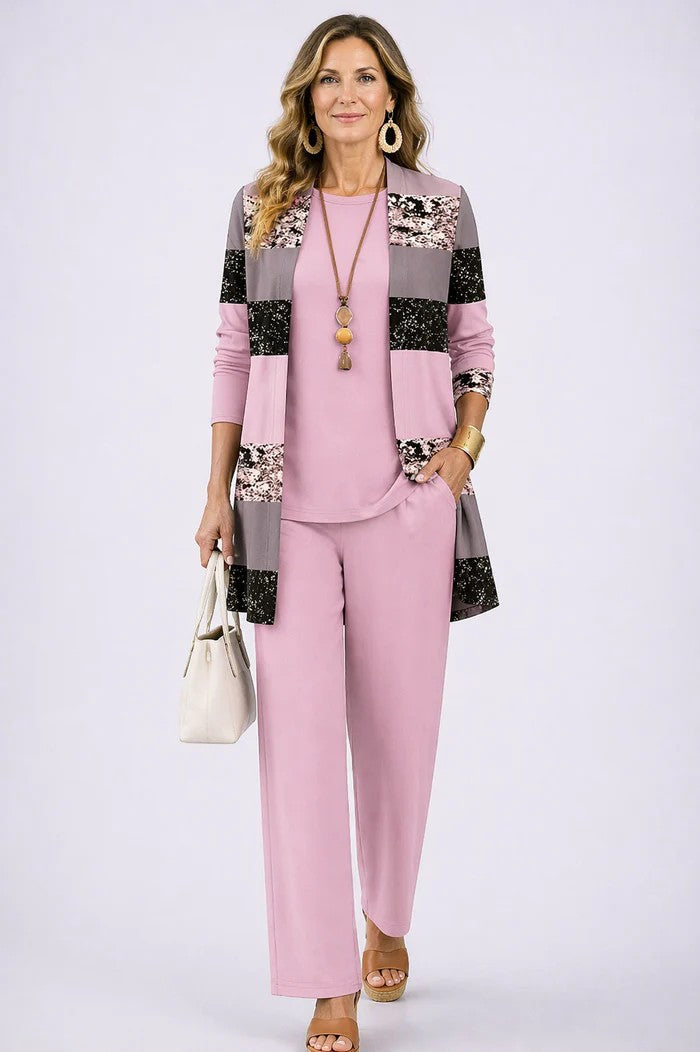 Anastasia - Completo tre pezzi con cardigan lungo Rosa