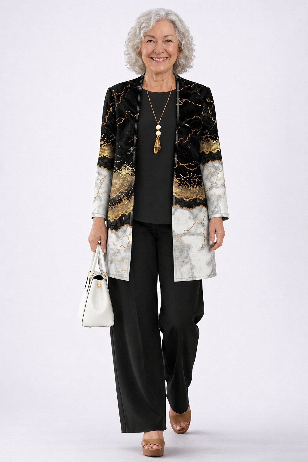 Giacinta - Completo tre pezzi con cardigan lungo Nero e Oro Antico