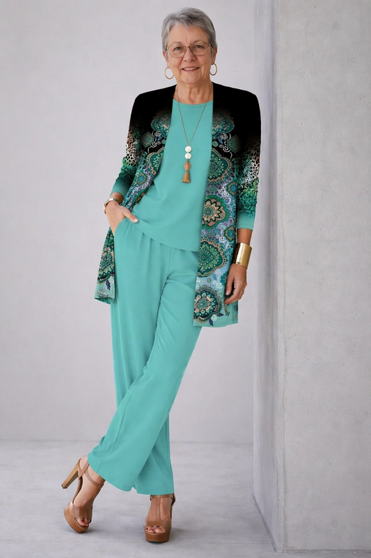 Imelda - Completo tre pezzi con cardigan lungo Turchese e Nero
