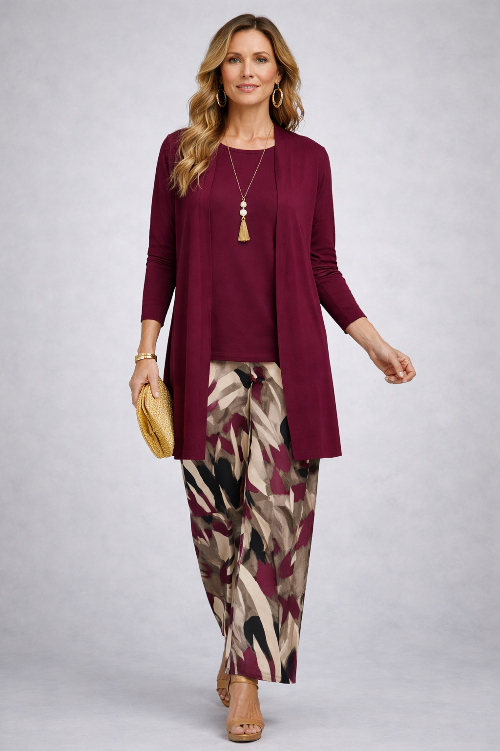 Filomena - Completo tre pezzi con cardigan lungo Bordeaux