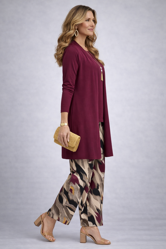 Filomena - Completo tre pezzi con cardigan lungo Bordeaux