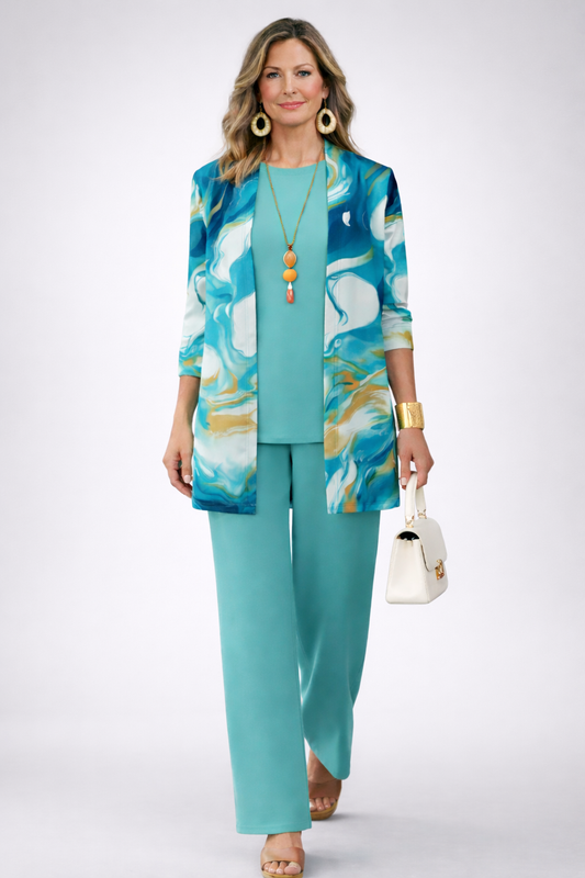 Zita - Completo tre pezzi con cardigan lungo Turchese