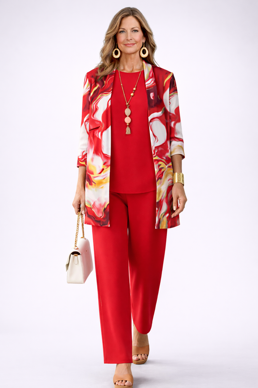 Albina - Completo tre pezzi con cardigan lungo Rosso