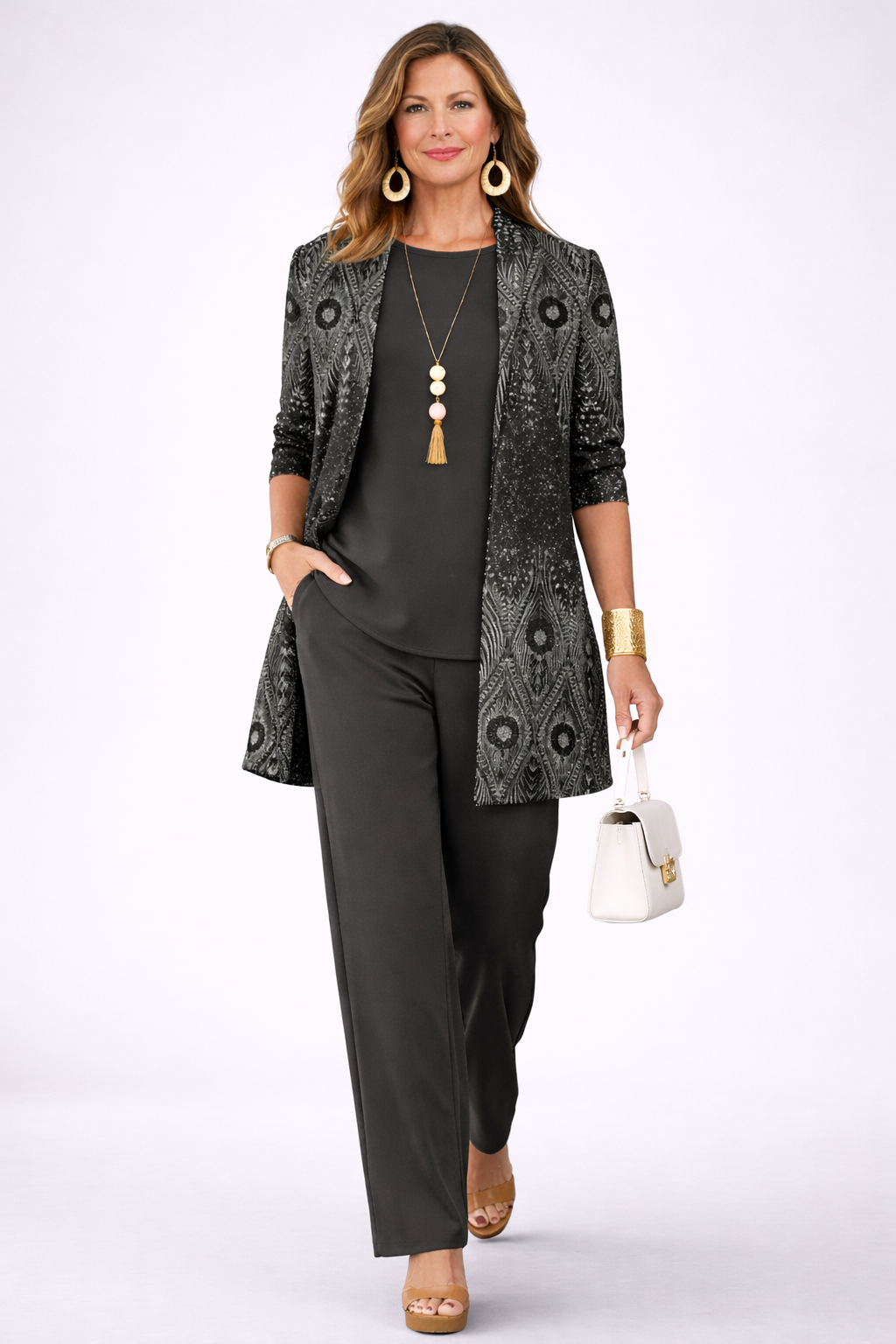 Celestina - Completo tre pezzi con cardigan lungo Nero e Grigio